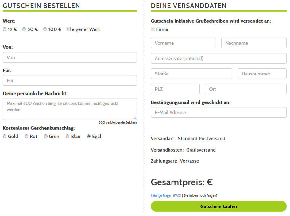 Screenshot Gutschein Bestellformular